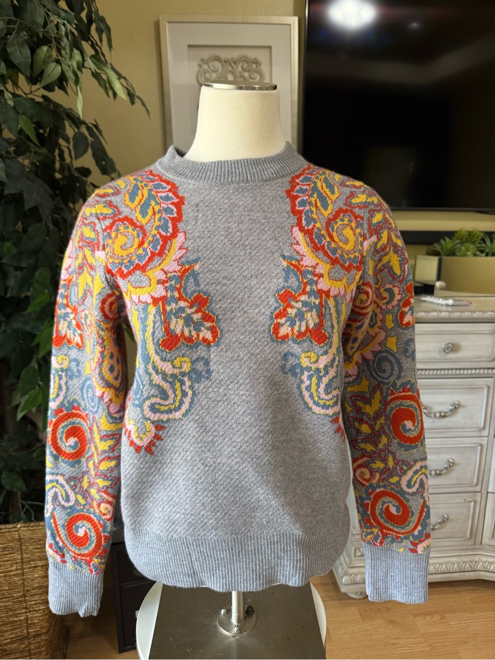 Roller Rabbit 100% Merino Wool Paisley Sweater Gray Multicolor Women’s M